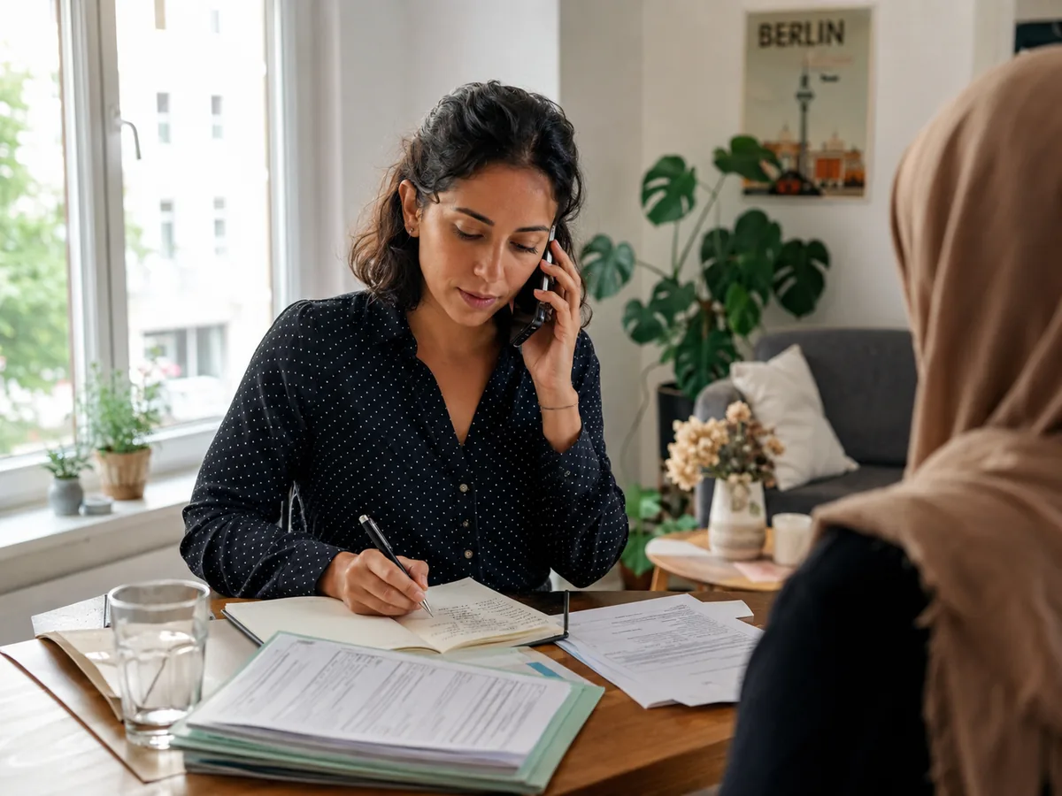 A SettlyGo helper supporting a practical Berlin appointment or phone call