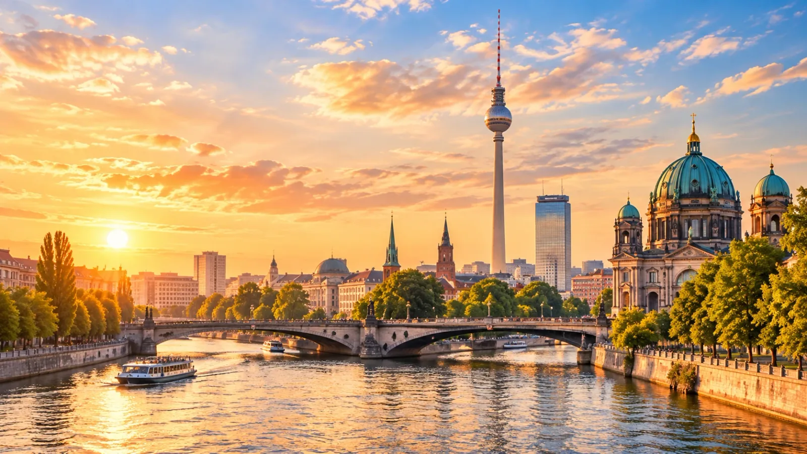 Die Berliner Skyline bei Sonnenuntergang an der Spree