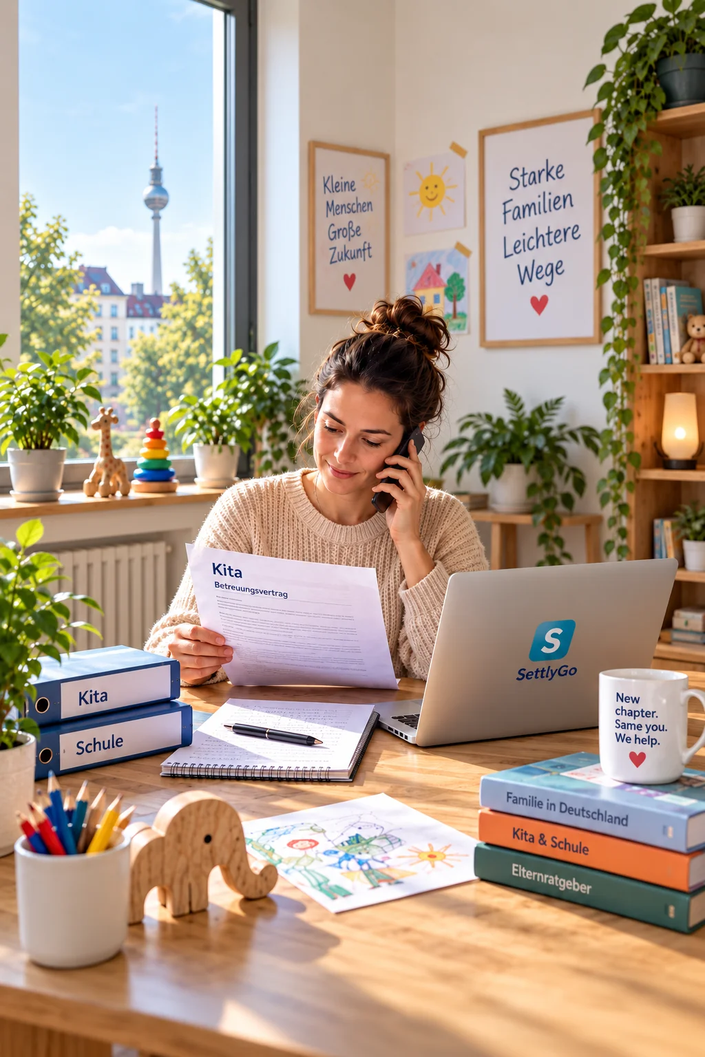A SettlyGo helper supporting a practical Berlin appointment or phone call
