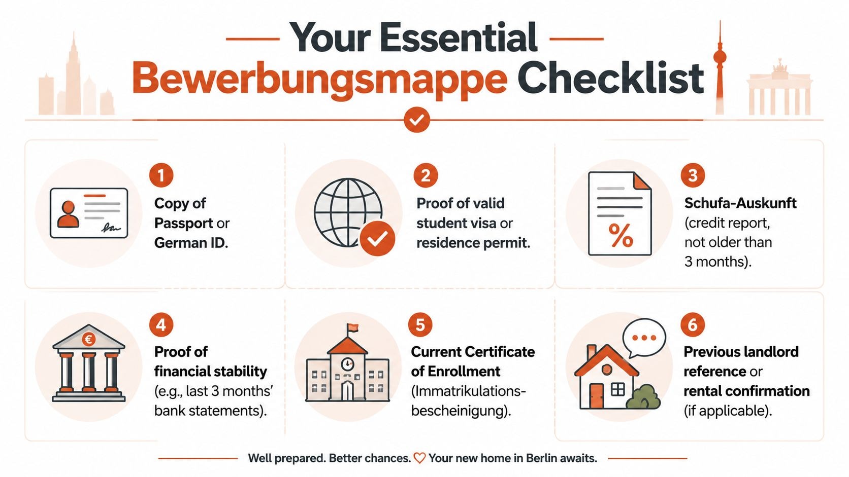 A checklist for renting an apartment in Berlin featuring six essential documents needed for a rental application.