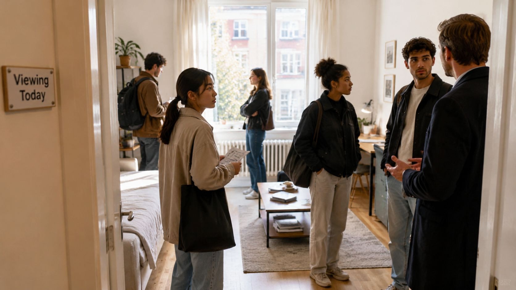 A group of young people touring a small rental apartment with a real estate agent.