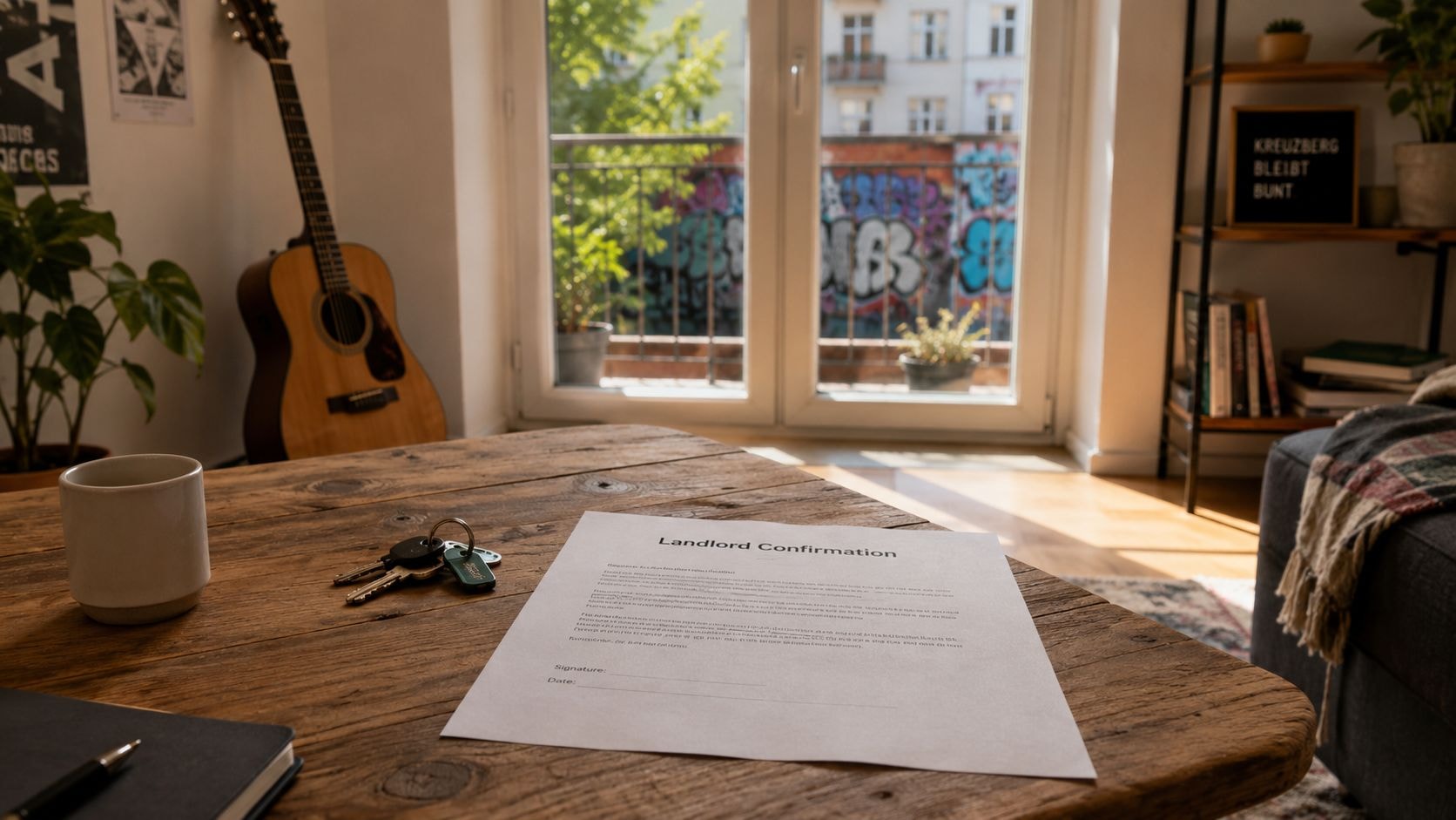 A Landlord Confirmation document with keys on a wooden table in a brightly lit Berlin apartment.