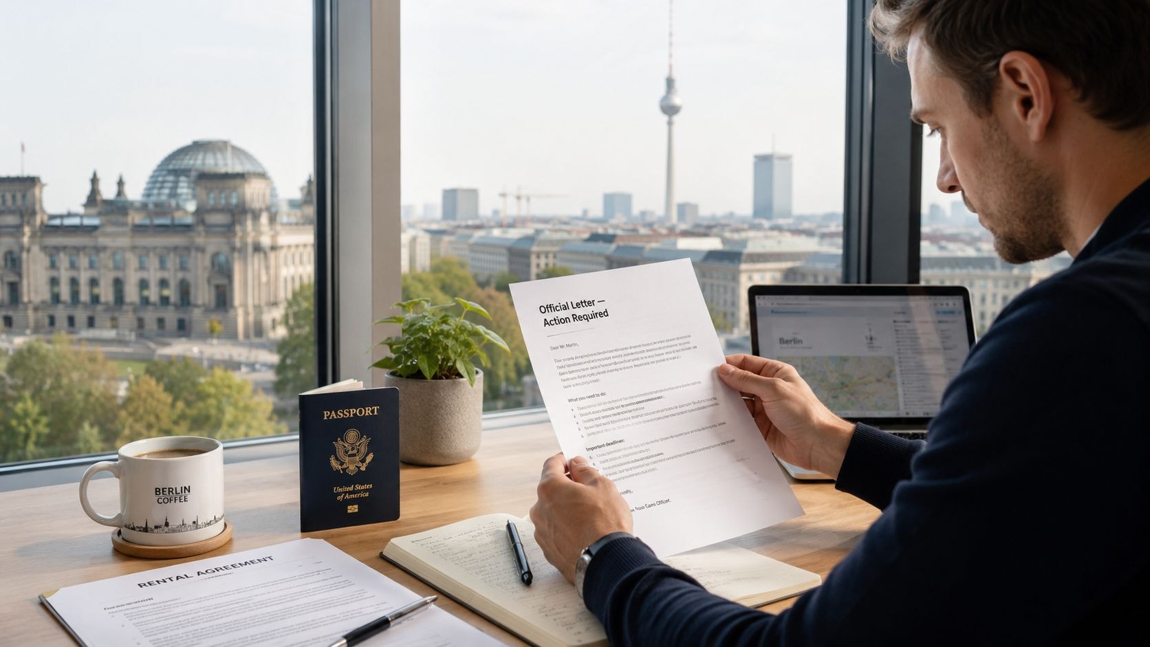 A man in a Berlin office reviews an official document while sitting with his passport and laptop.