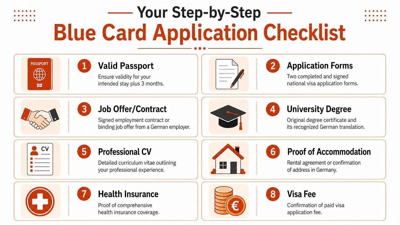 A numbered checklist showing the eight essential documents required for a German Blue Card visa application.