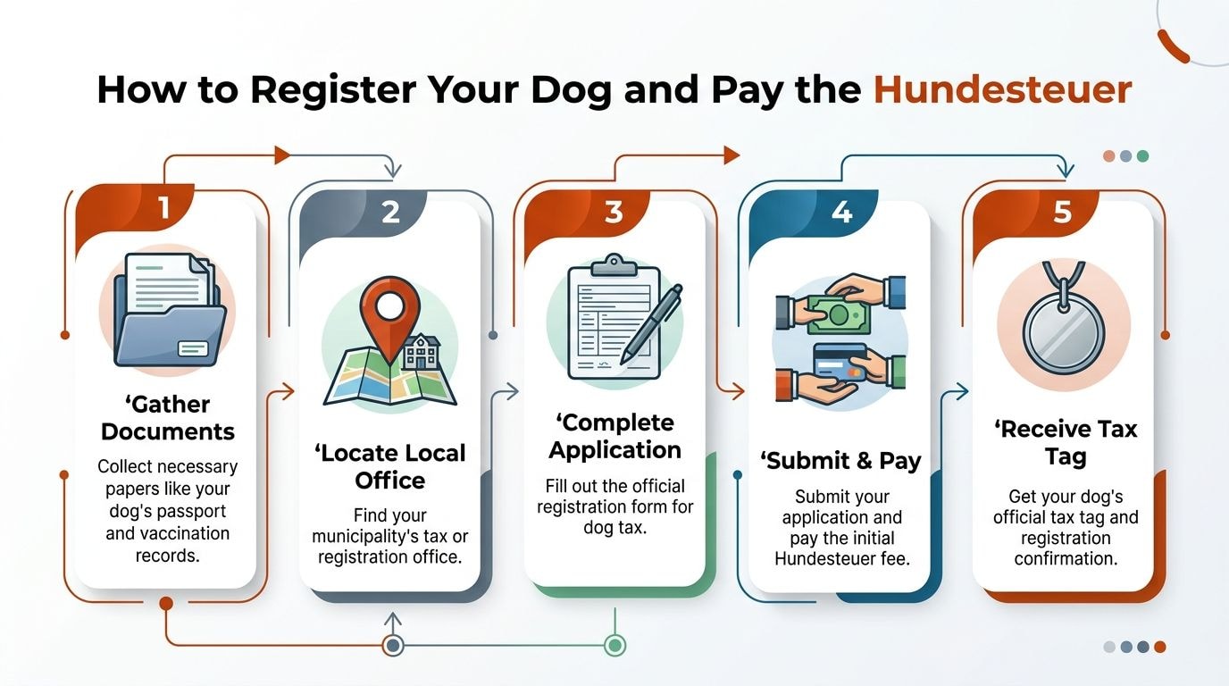 A five-step infographic showing how to register a dog for German Hundesteuer dog tax.