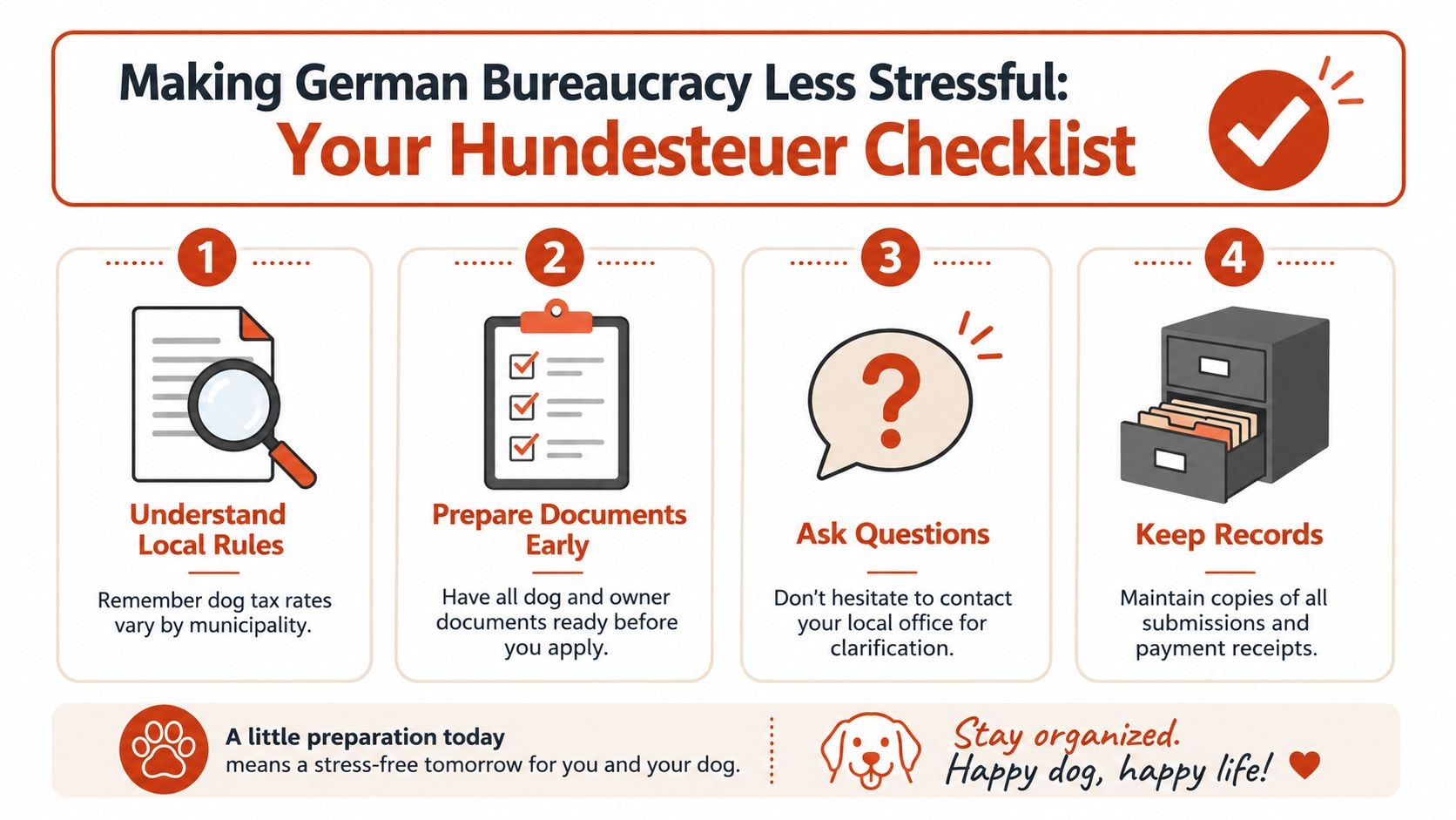 An infographic checklist titled Making German Bureaucracy Less Stressful providing advice on the German dog tax process.