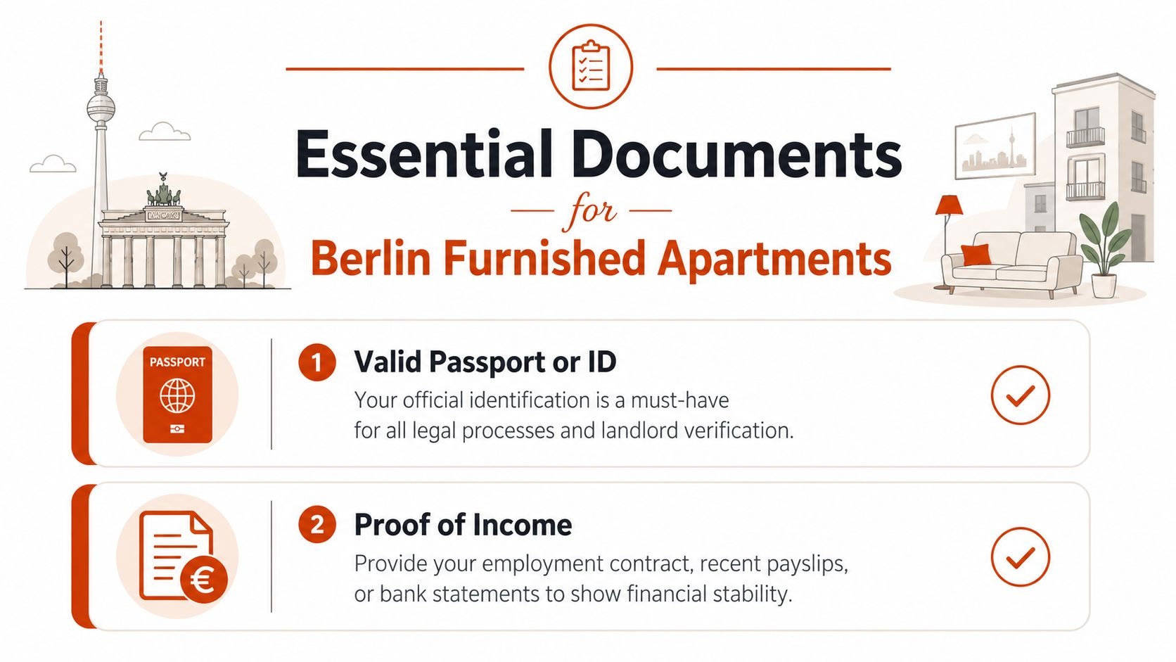 An infographic listing the essential documents for renting a furnished apartment in Berlin, Germany.