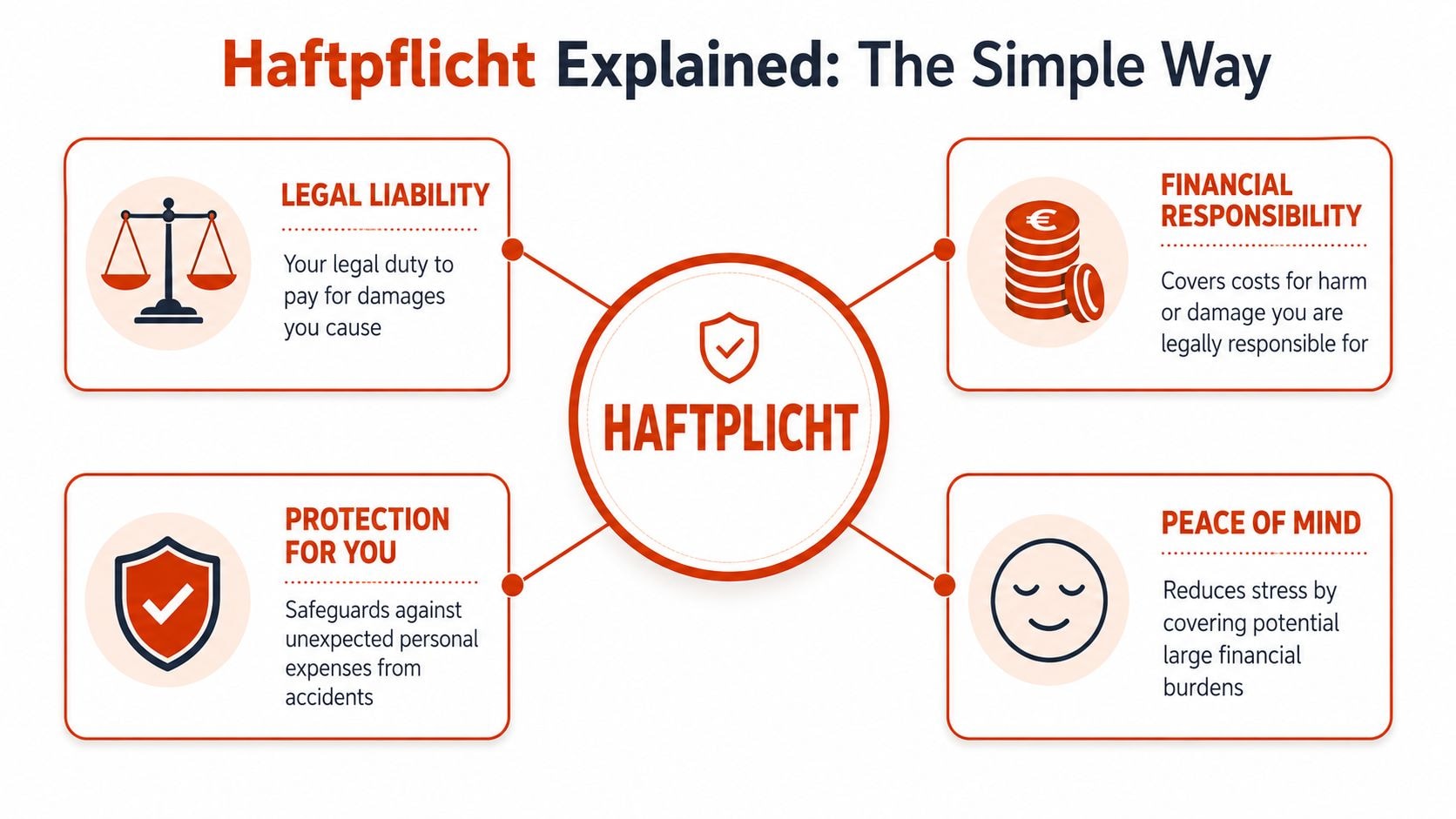 A diagram explaining Haftpflicht, detailing legal liability, financial responsibility, personal protection, and peace of mind.