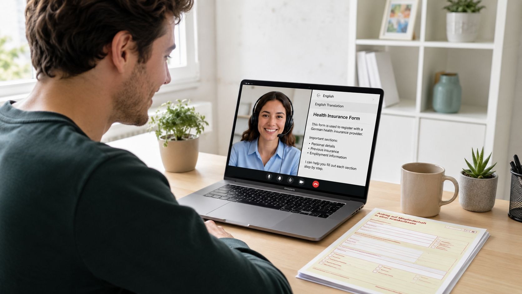 A man participates in a video call on his laptop for assistance with a German health insurance form.