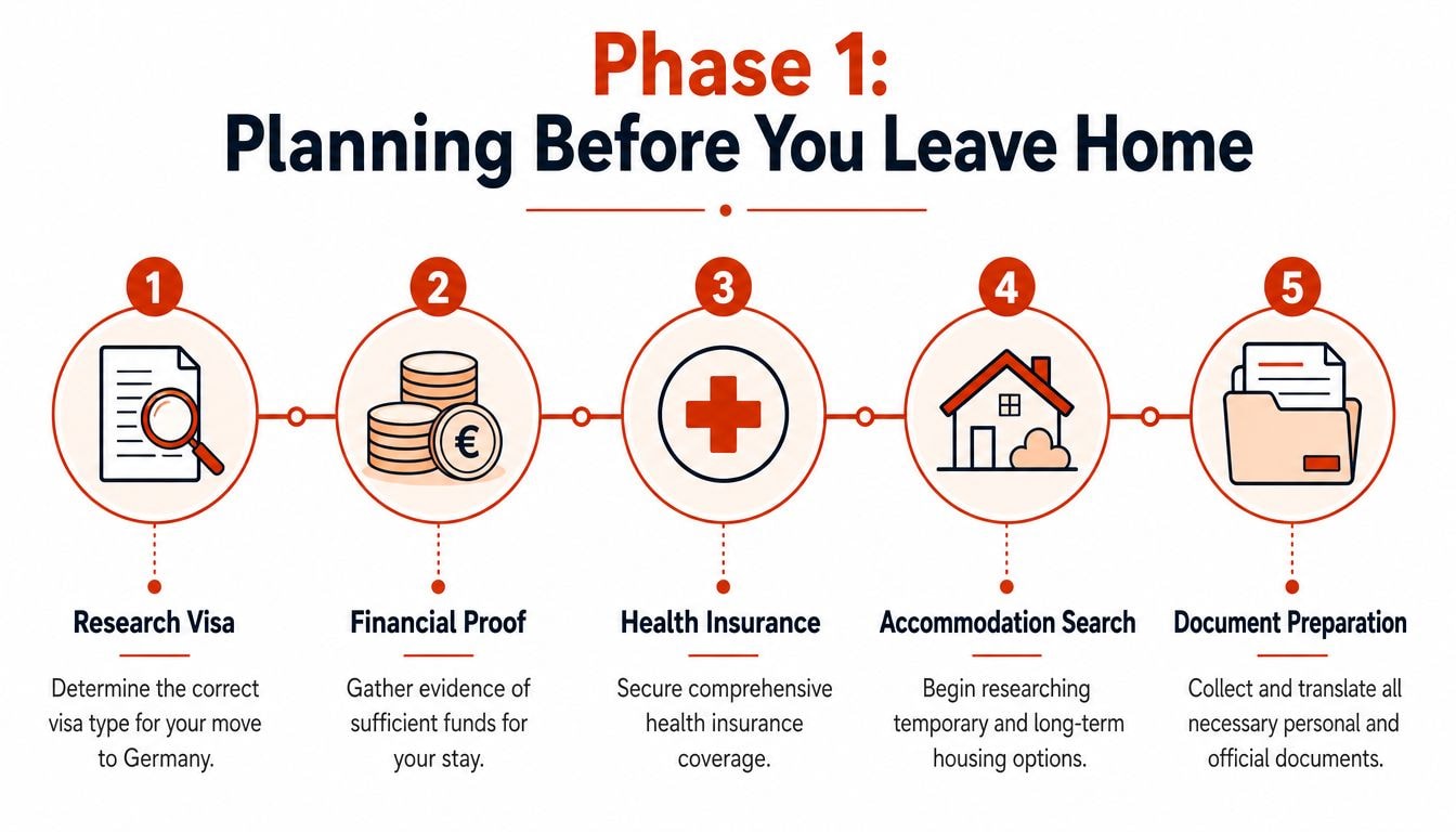 An infographic showing a five-step plan for relocating to Germany including visa, finances, insurance, housing, and documentation.