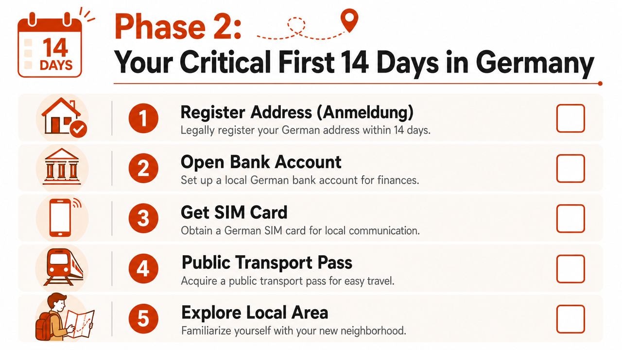 A checklist showing five essential tasks to complete during the first fourteen days of relocating to Germany.