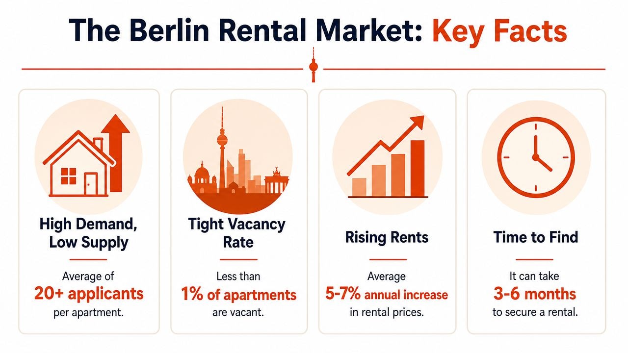 An infographic showing key facts about the competitive Berlin rental market, including high demand and rising prices.