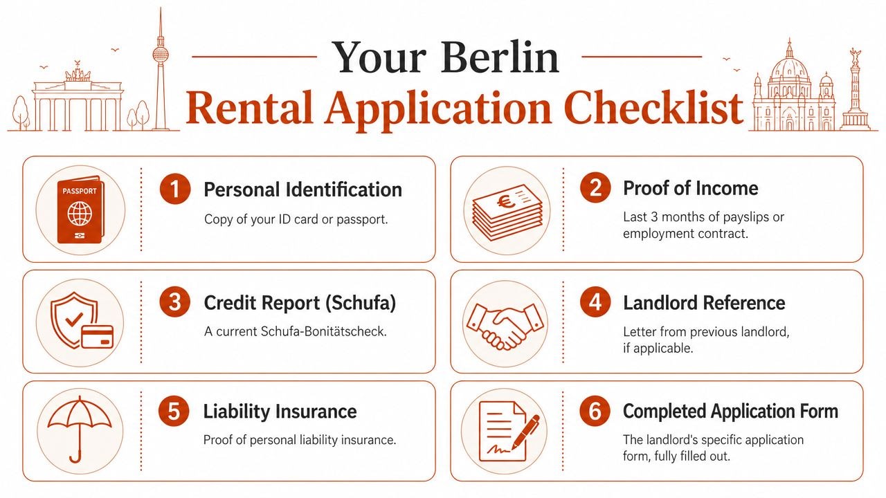 A helpful checklist infographic detailing essential documents required for a rental application in Berlin, Germany.