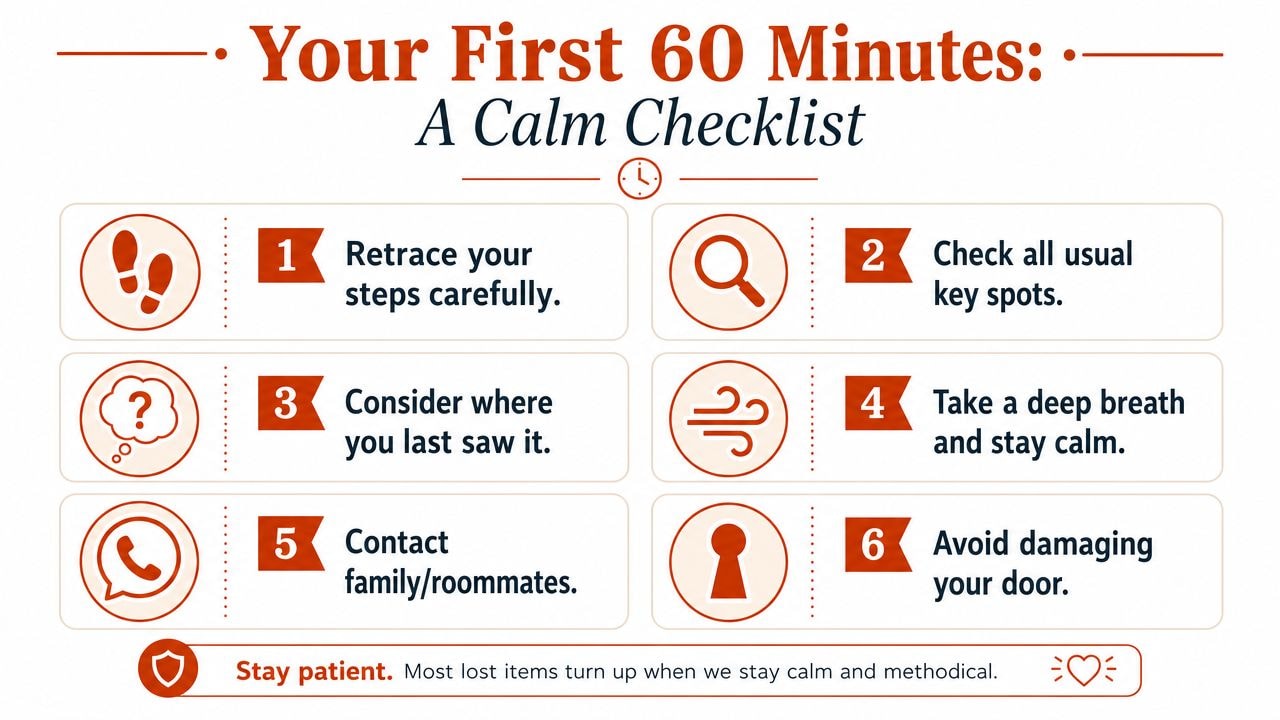 A checklist titled Your First 60 Minutes showing six steps to follow when you lose your keys.