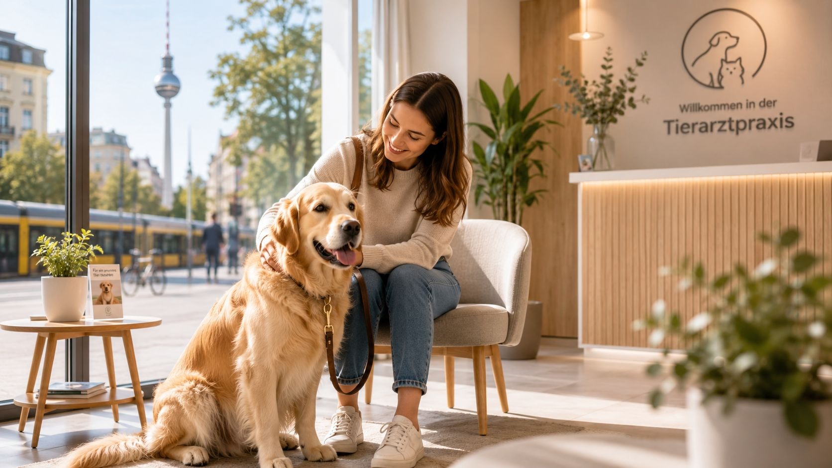 A smiling woman petting her golden retriever in a modern veterinary clinic waiting room.