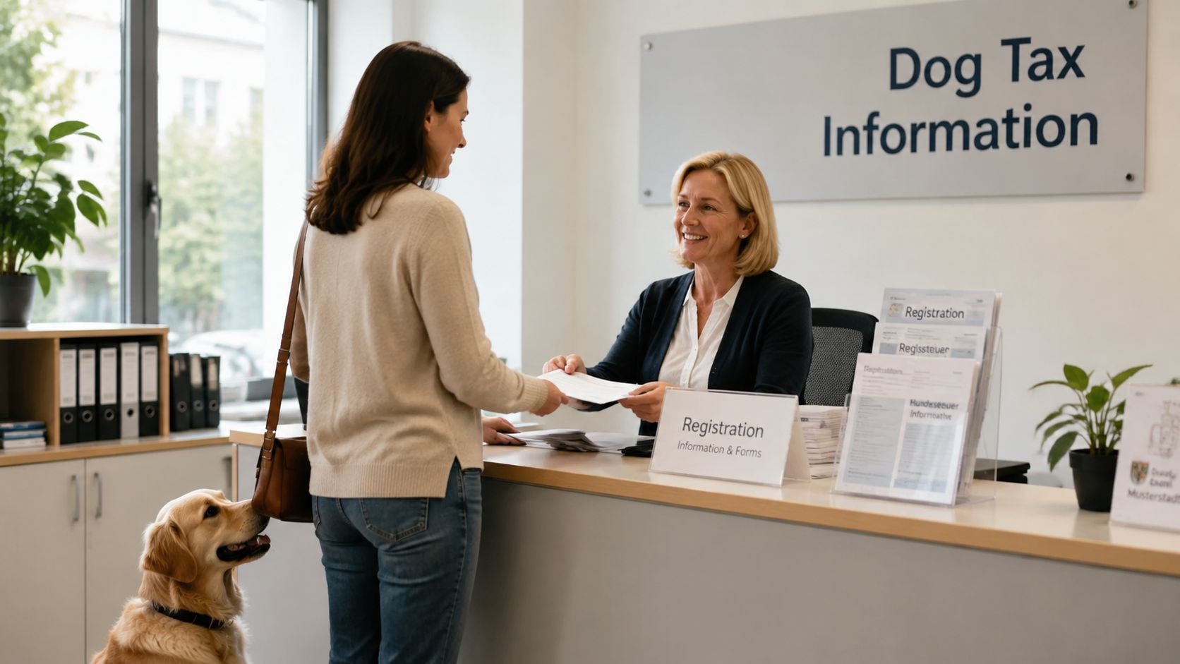 A woman brings her golden retriever to a public office to register for dog tax in Germany.