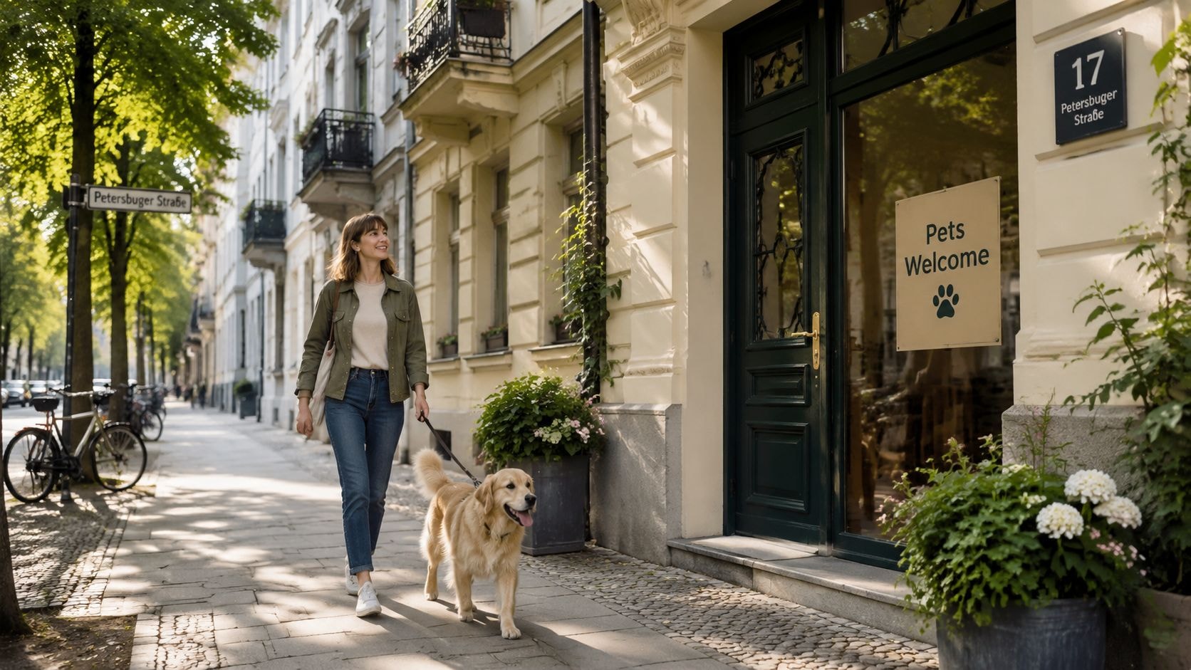 A woman walking a golden retriever dog on a sunny street in front of a pet-friendly building.