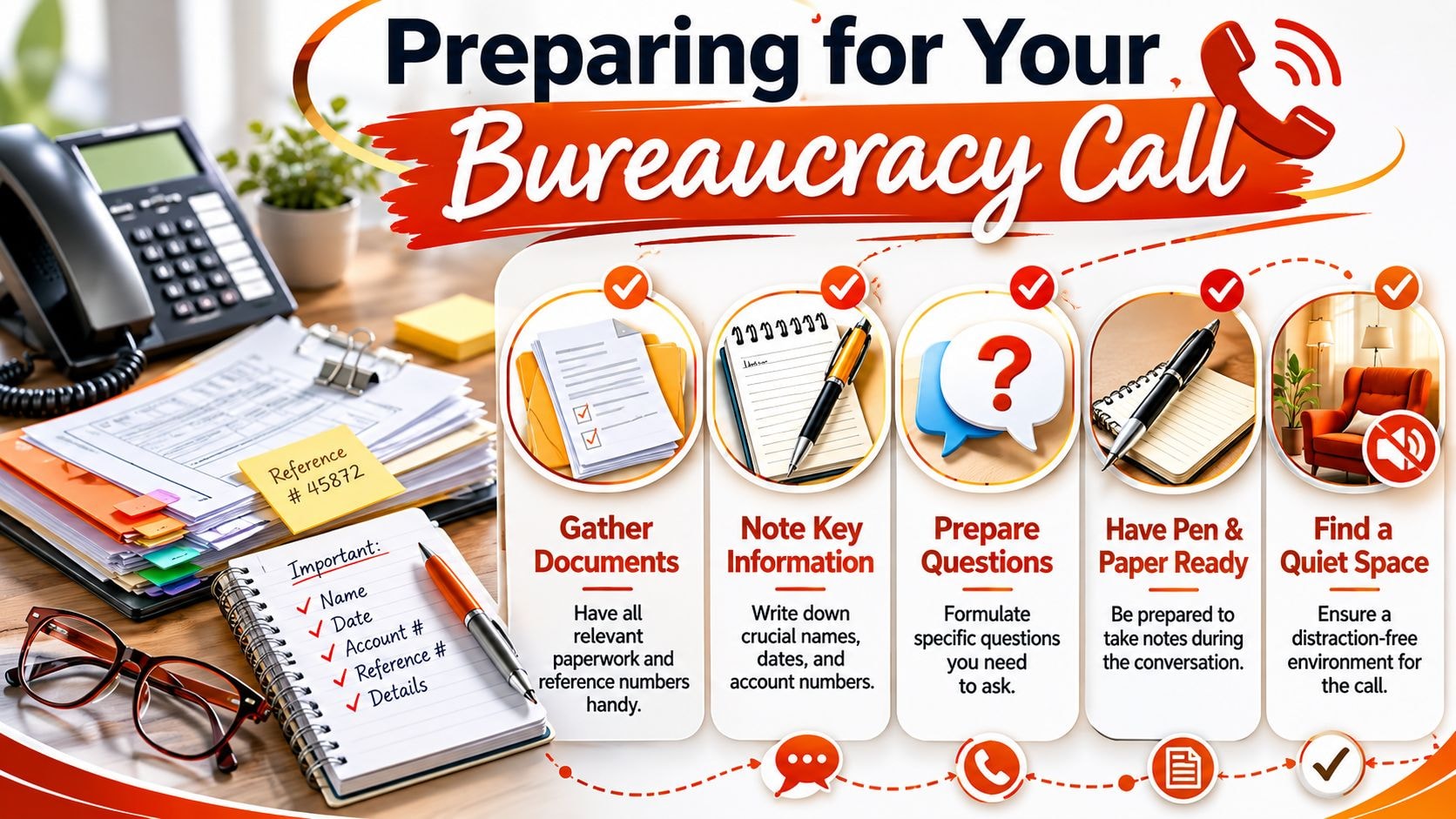 An infographic titled Preparing for Your Bureaucracy Call with five actionable steps for managing important phone calls.