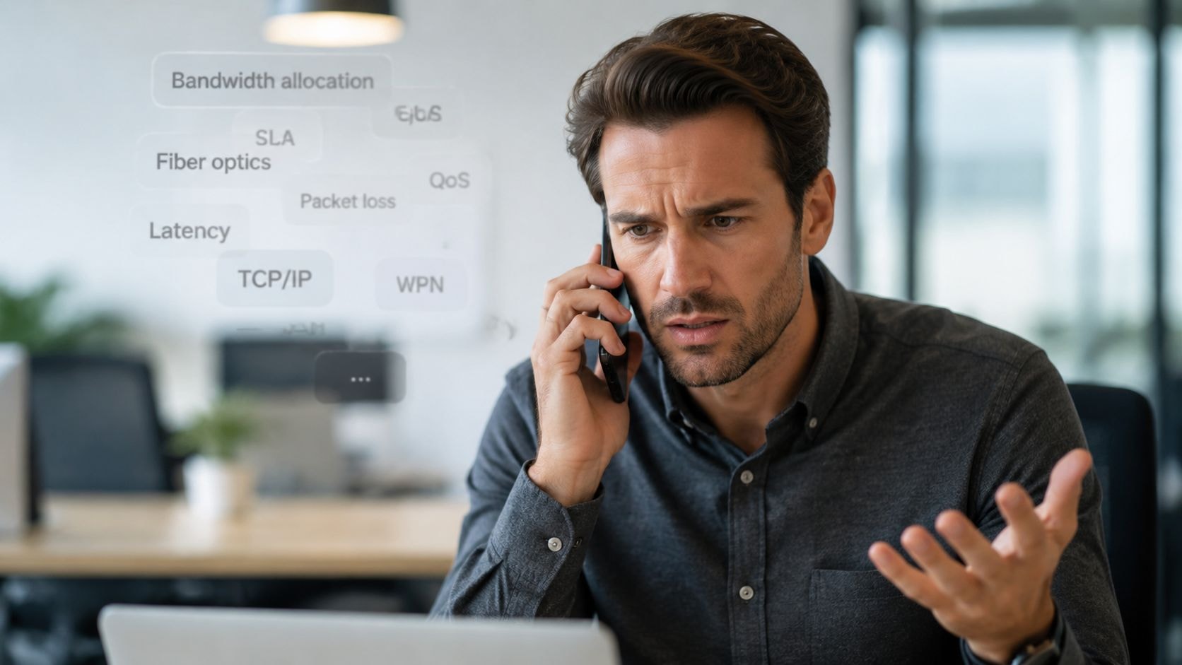 A concerned man in an office environment talking on a phone with floating network terminology icons.