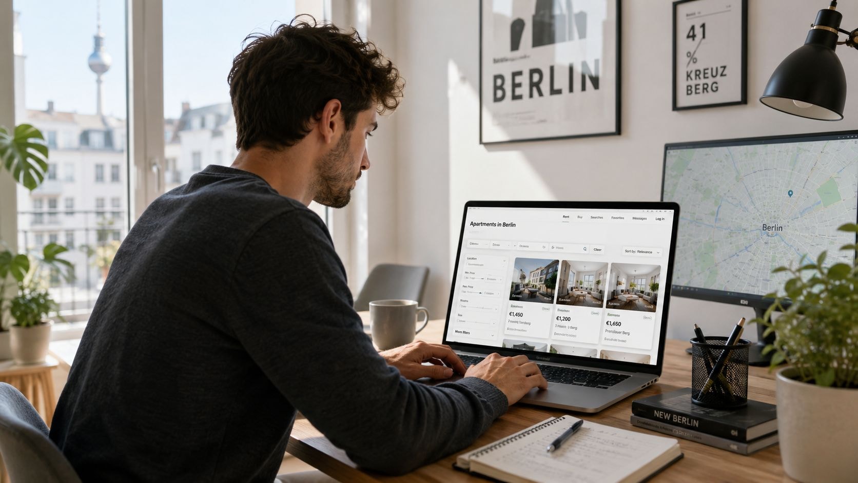 A man searching for apartments to rent in Berlin on his laptop at a wooden desk.