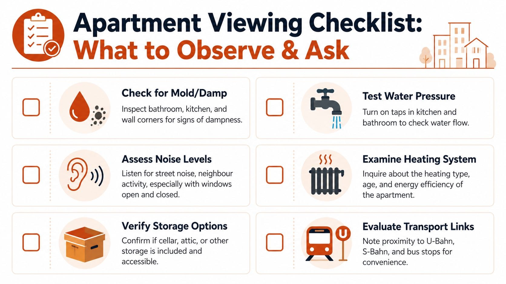 An apartment viewing checklist infographic highlighting key features to observe and ask about before renting a home.