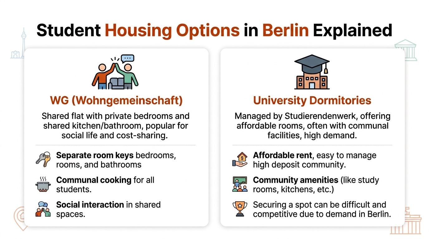 A comparison chart outlining the key differences between WG shared flats and university dormitories for students in Berlin.