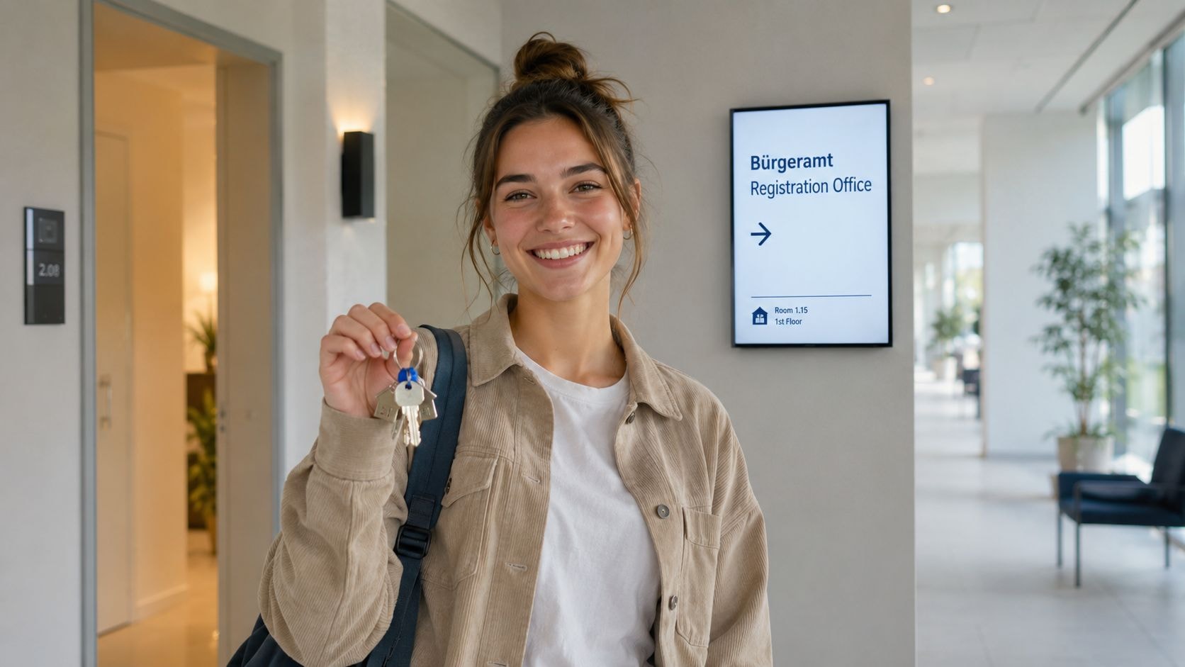 A smiling young woman holding house keys, standing in a bright office hallway near a registration sign.