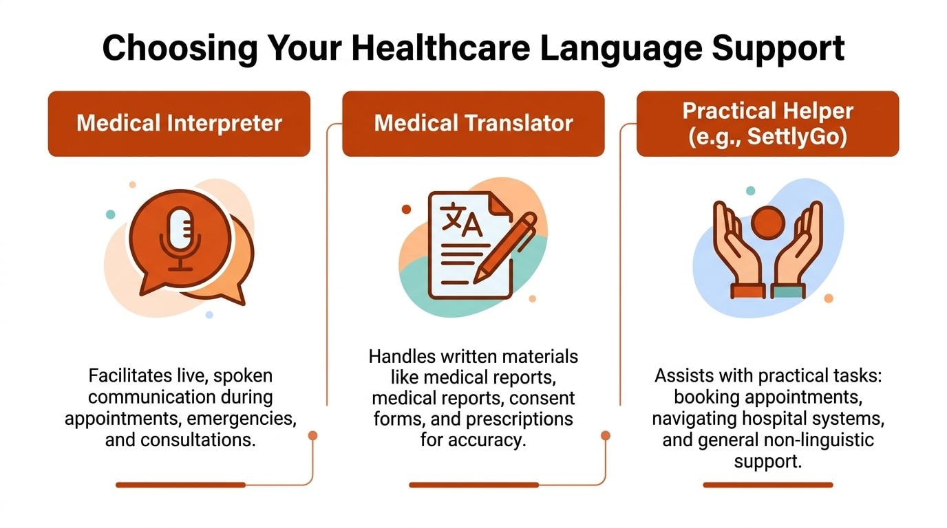 A visual guide comparing healthcare language services including medical interpreters, translators, and practical helpers for patient assistance.